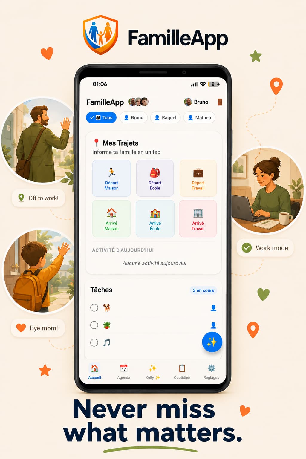 FamilleApp : trajets partagés et tâches en cours.